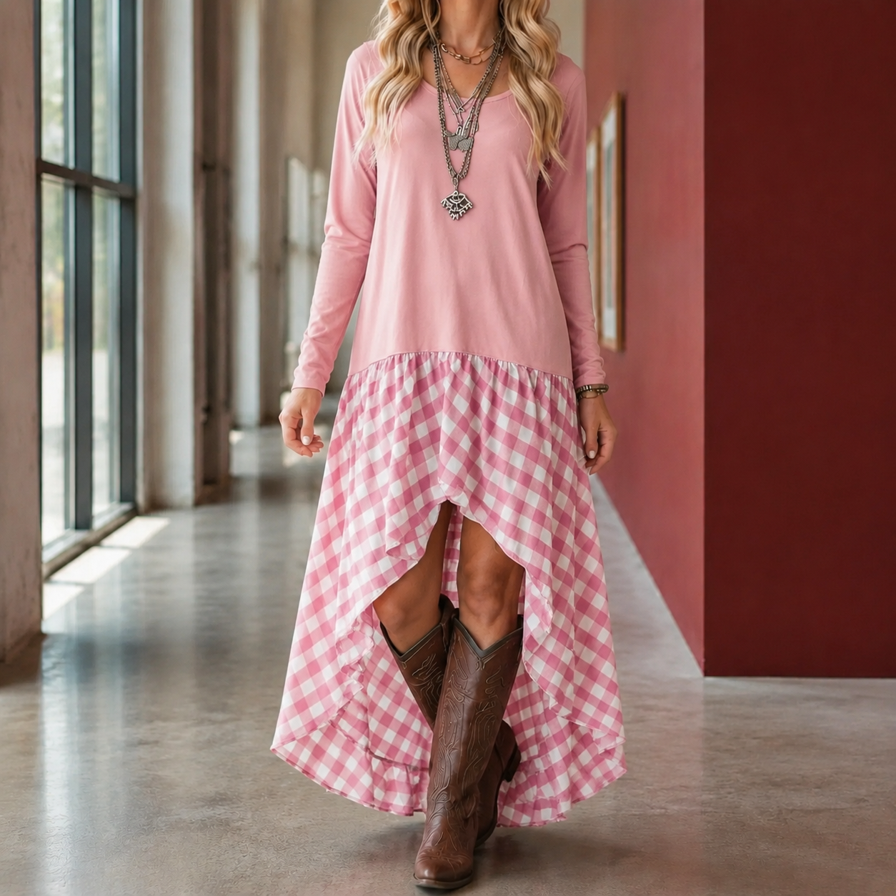 Reva | Gathered Gingham Asymmetric Maxi Dress