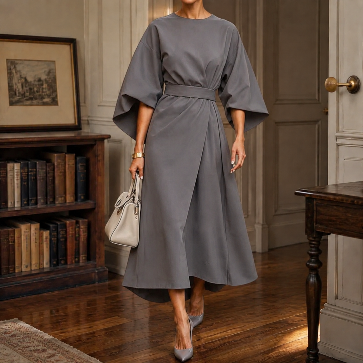 Sawyer | Cape Sleeve Asymmetric Draped Maxi Dress