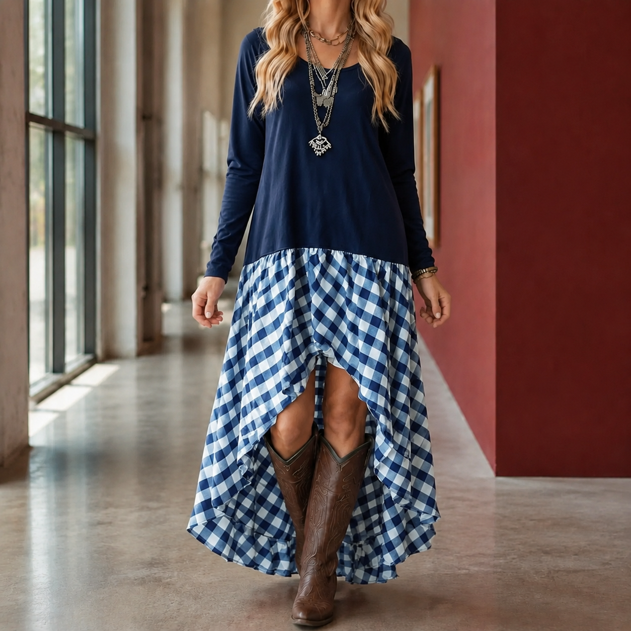 Reva | Gathered Gingham Asymmetric Maxi Dress