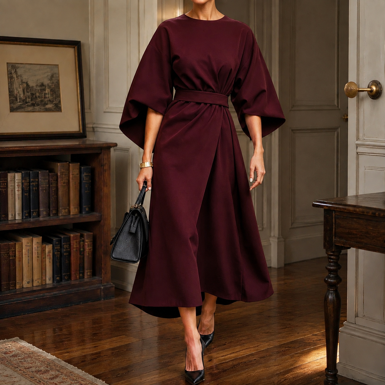 Sawyer | Cape Sleeve Asymmetric Draped Maxi Dress