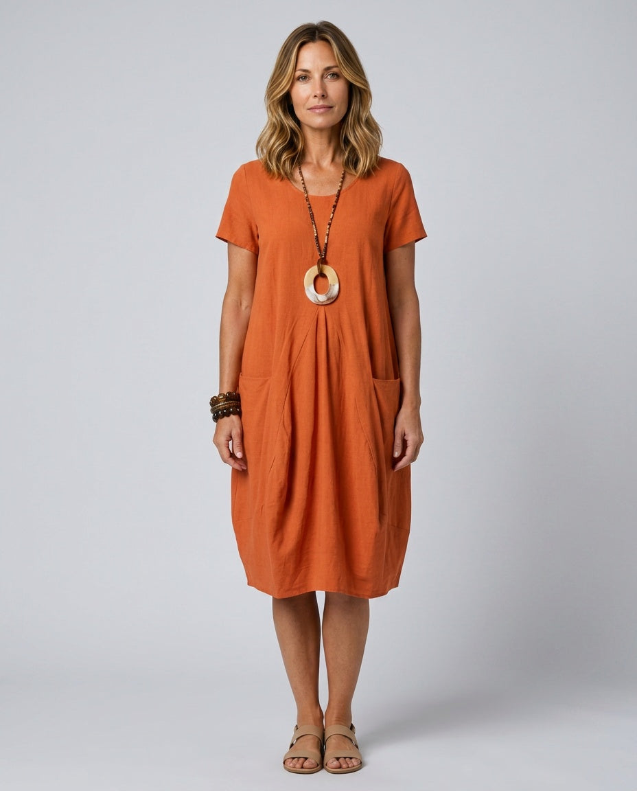 Dion | Short Sleeve Pleated Knee-Length Midi Dress