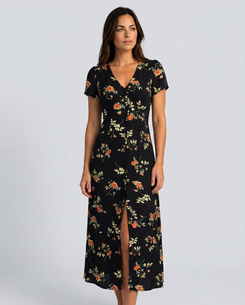Adeline | V-Neck Floral Short Sleeve Maxi Dress