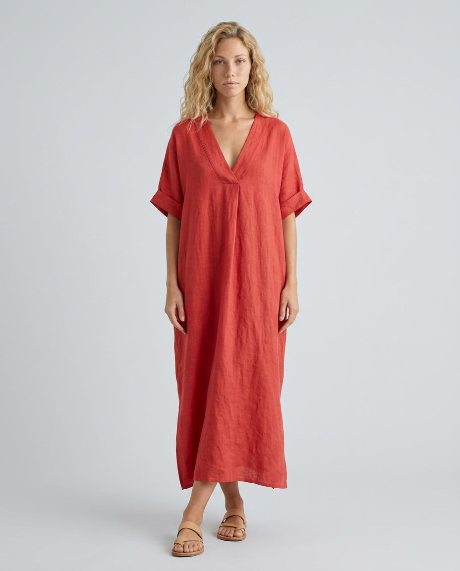 Malena | V-Neck Flowy Linen-Blend Midi Dress