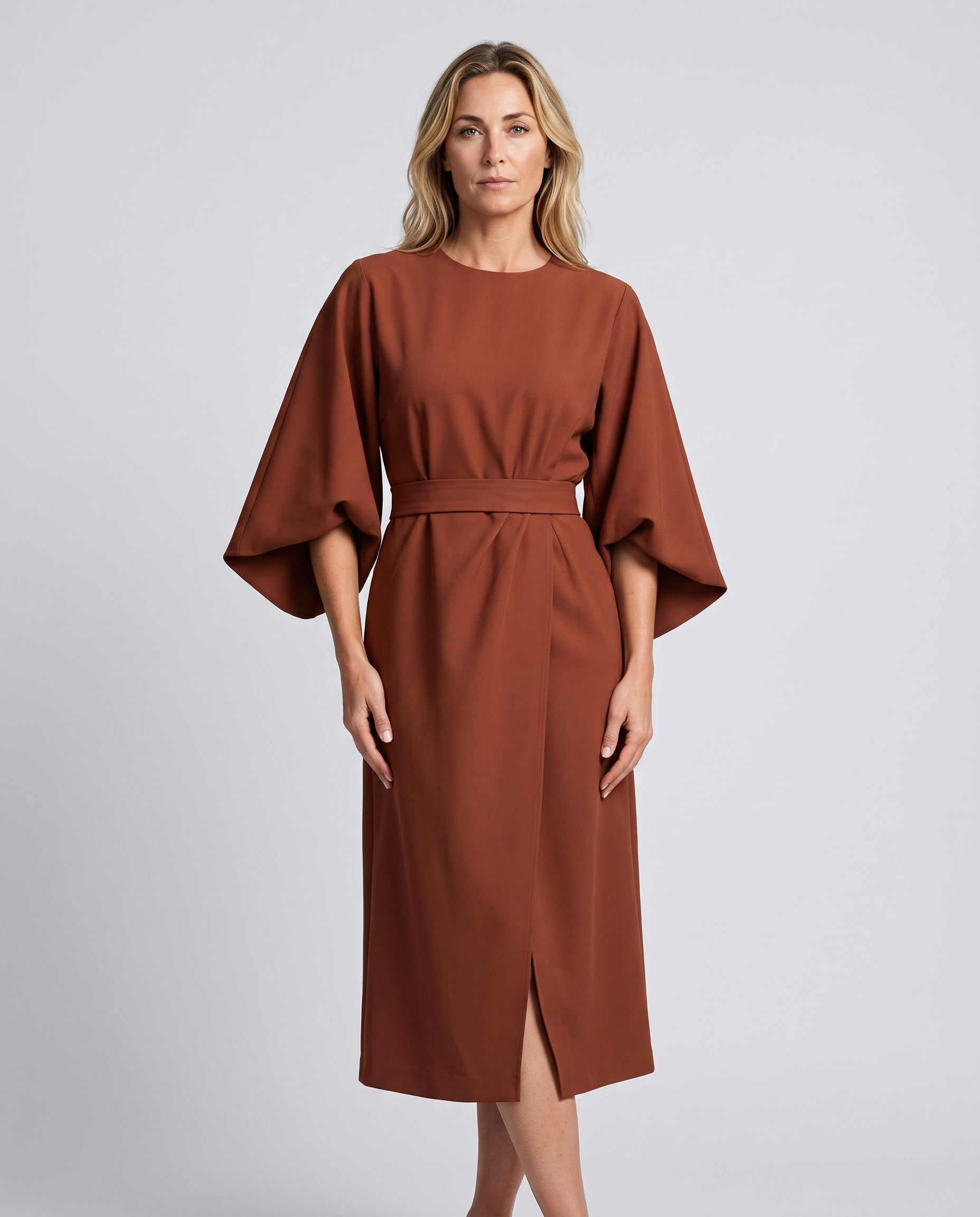 Esme | Wide Sleeve Belted Round Neck Midi Dress