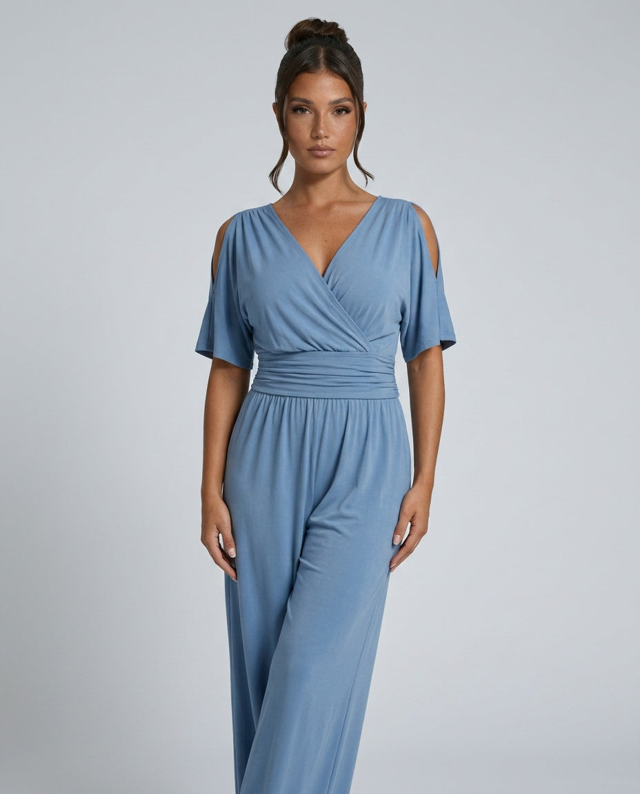 Una | Cold Shoulder Wrap Waist Relaxed Jumpsuit