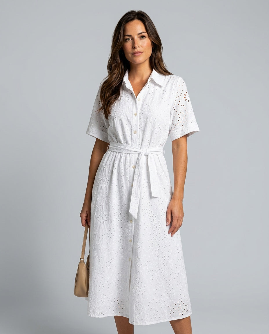 Josie | Short Sleeve Button-Front Waist-Tie Midi Dress