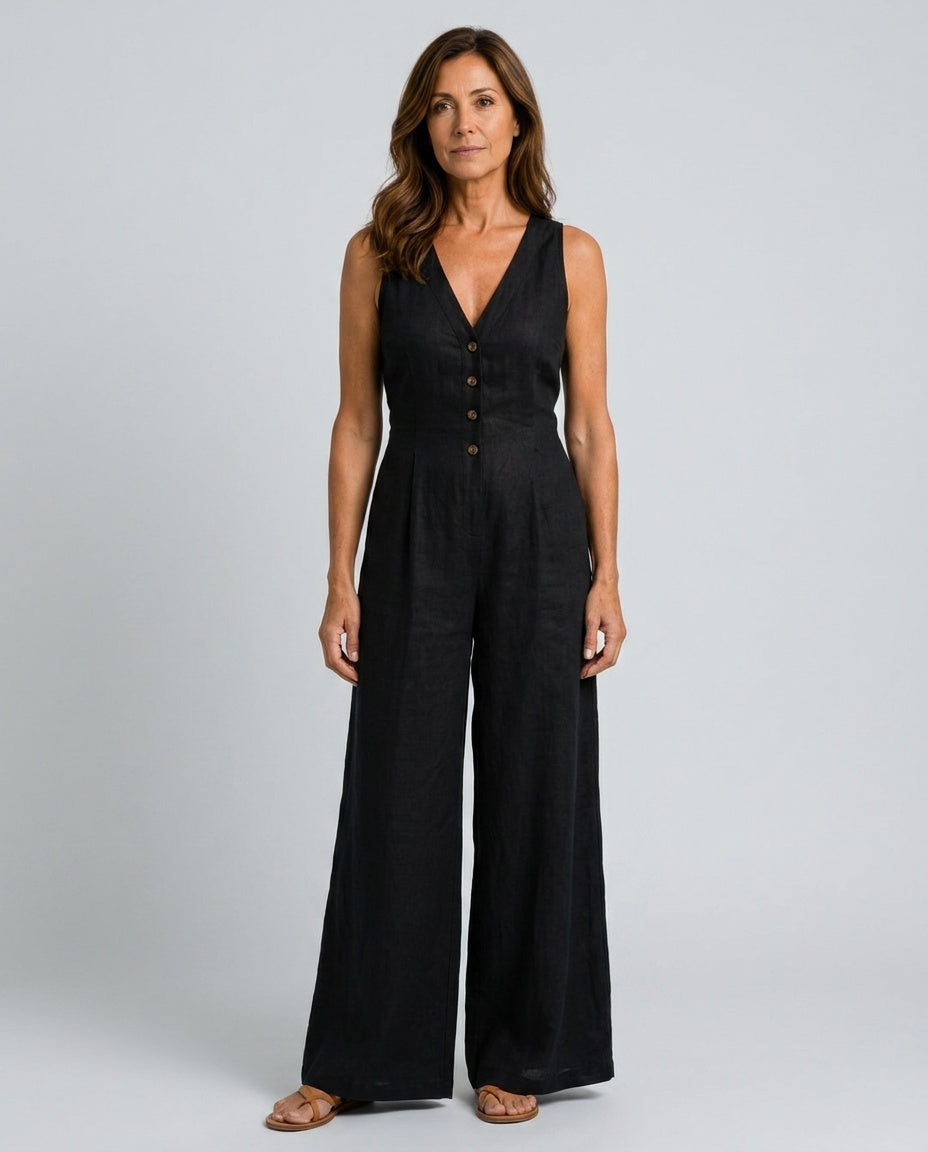 Emilia | Sleeveless Button Front Wide Leg Jumpsuit