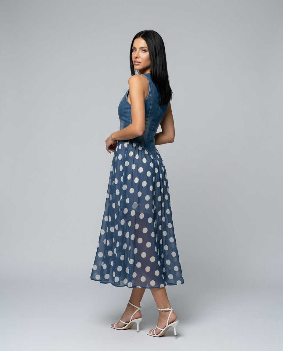 Noelia | Denim Bodice Polka Dot Midi Dress