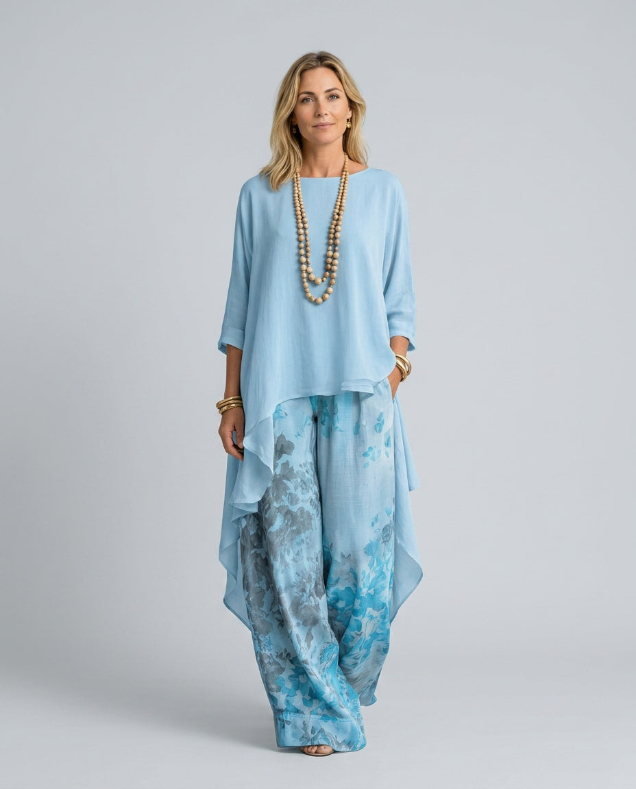 Belen | Printed Asymmetric Top & Wide-Leg Trousers Set