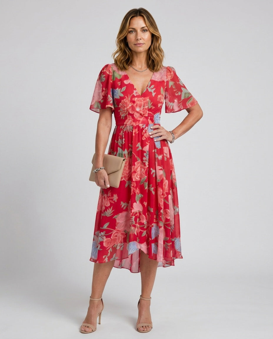 Hazel | Flutter Sleeve Gathered Waist Floral Midi Dress