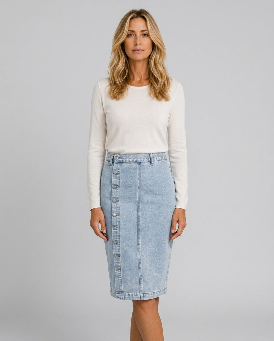 Fleur | High Waist Button Front Denim Pencil Midi Skirt