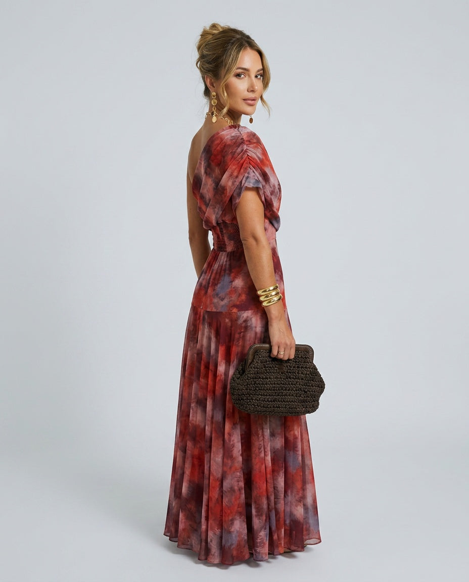 Leticia | One-Shoulder Draped Watercolour Maxi Dress