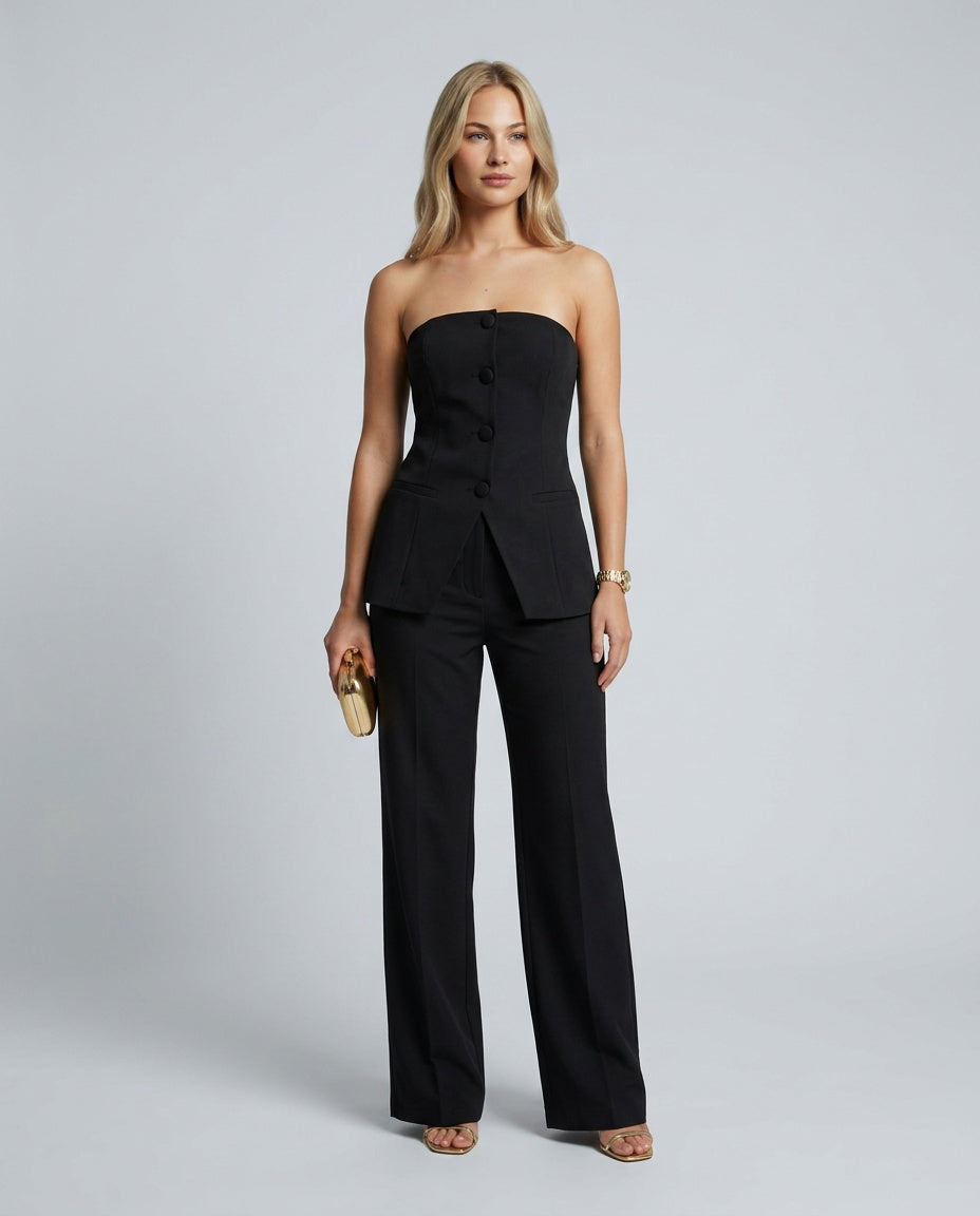 Scarlett | Strapless Asymmetric Button Wide-Leg Set