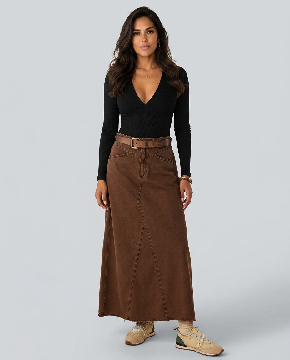 Hazel | High Waist Five Pocket Denim Maxi Skirt