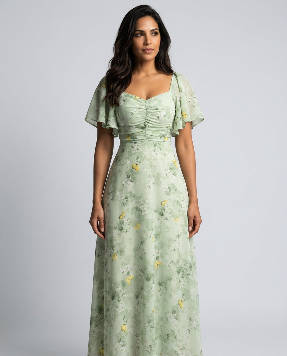 Una | Floral Flutter Sleeve A-Line Maxi Dress