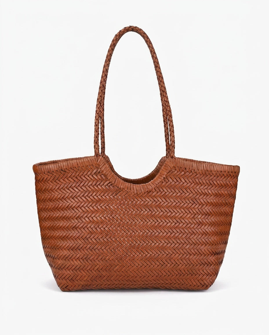 Hand-Woven Vegan Leather Tote Bag with Shoulder Strap
