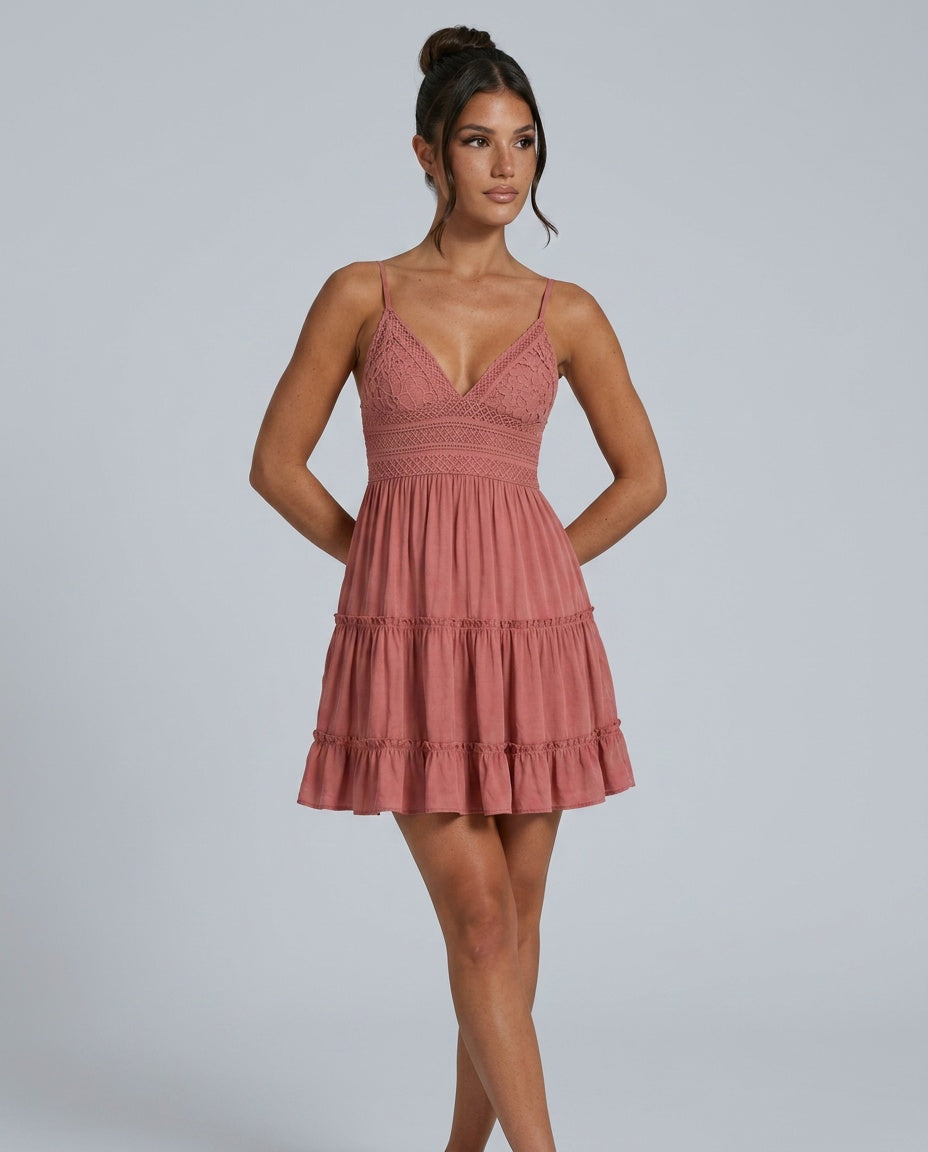 Elena | Lace Bodice Tiered Mini Dress