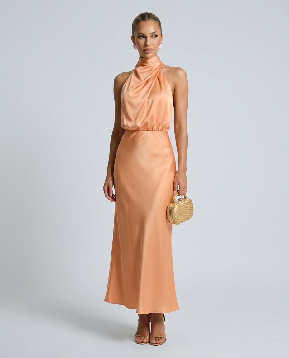 Imara | Halter Neck Open Back Satin-Look Maxi Dress