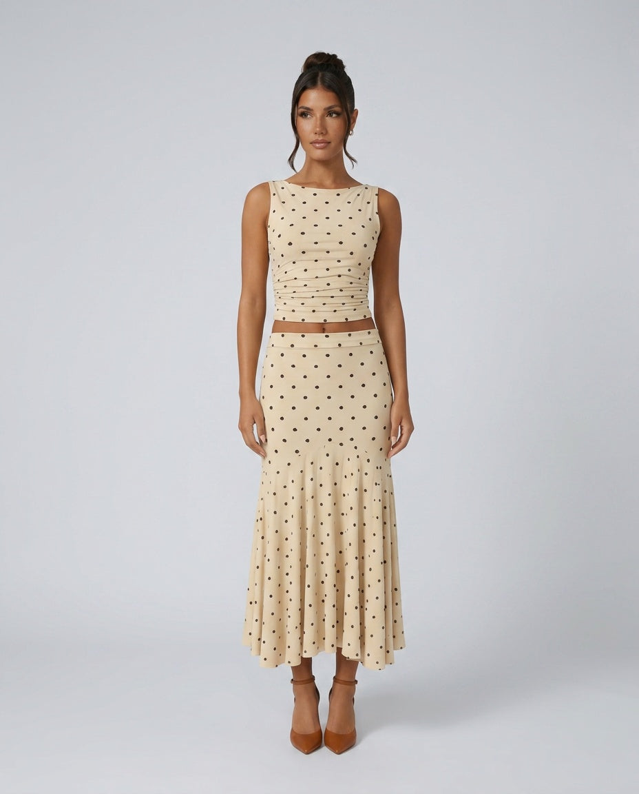 Alba | Polka Dot Sleeveless Crop Top & Ruched Maxi Skirt Set