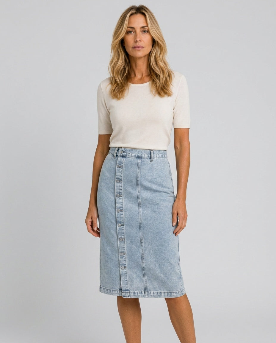 Fleur | High Waist Button Front Denim Pencil Midi Skirt