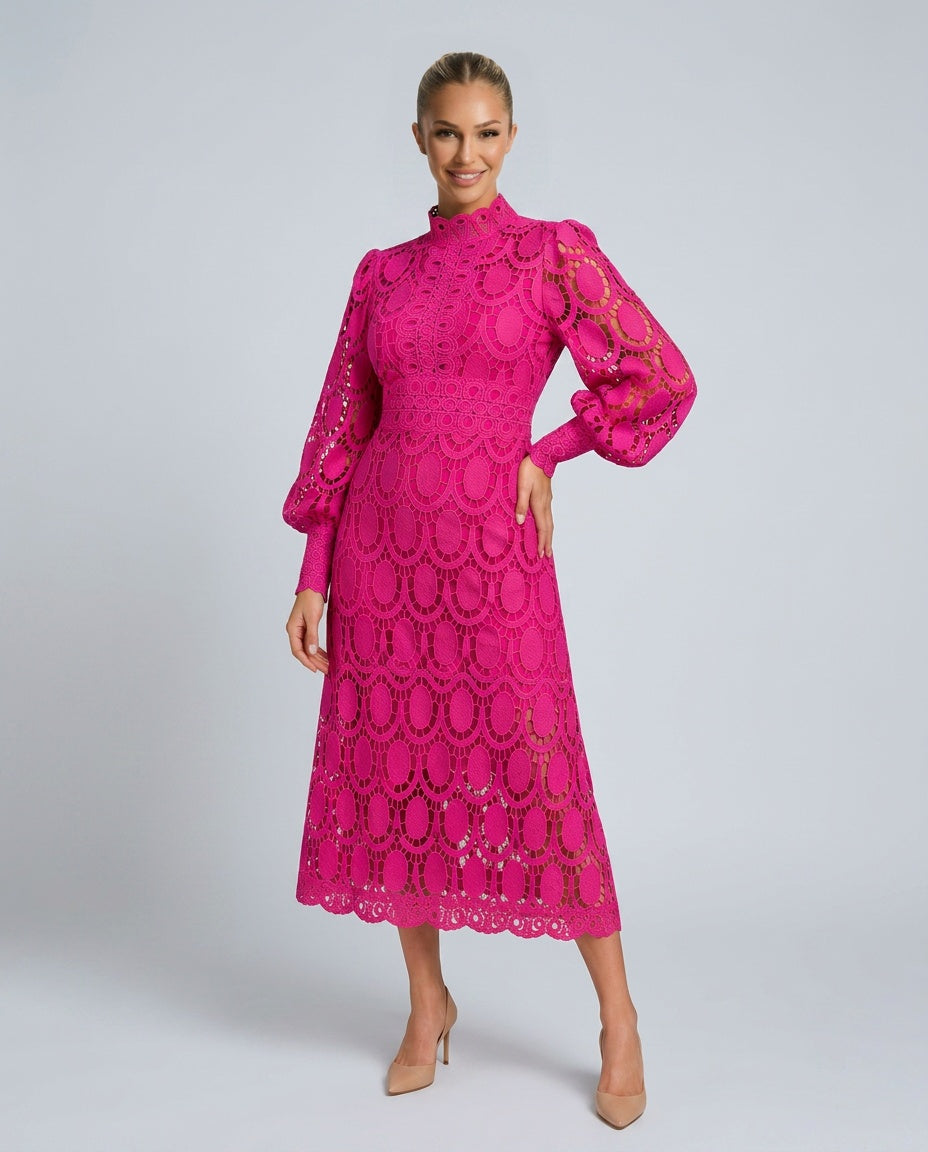 Imogen | Long Sleeve Lace Midi Dress with High Collar