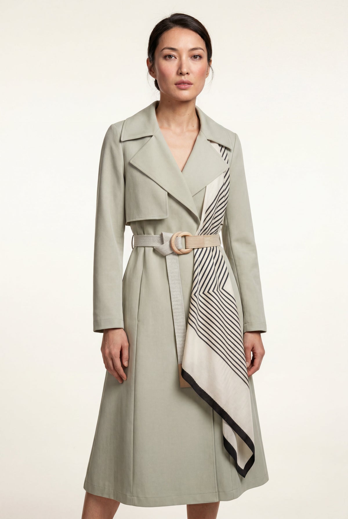 Noelia | Belted Geometric Scarf Midi Coat