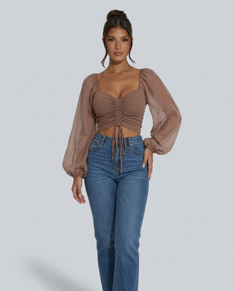 Darya | Sweetheart Ruched Puff Sleeve Cropped Top
