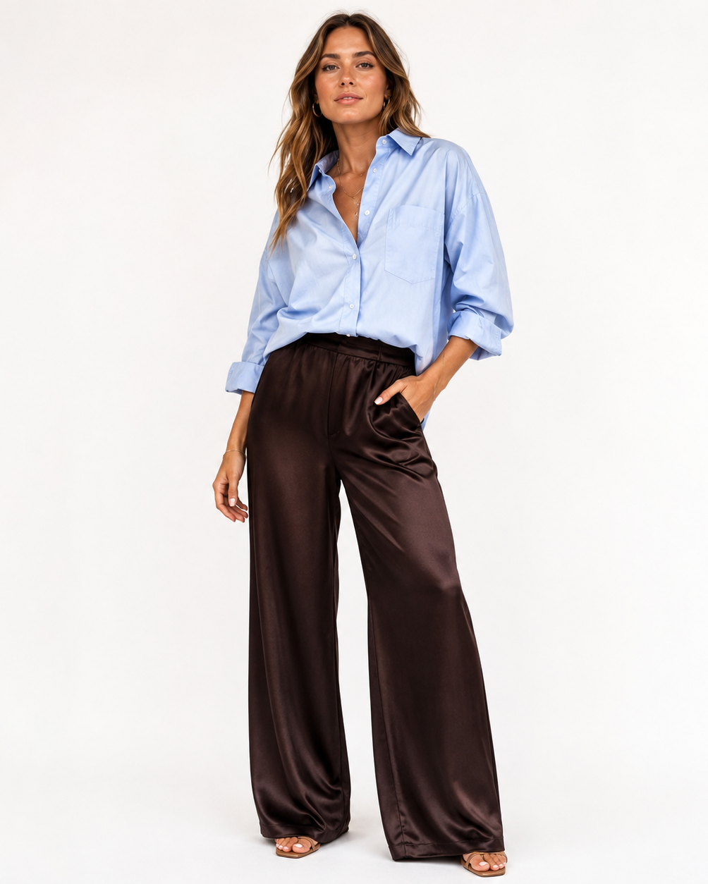 Jimena | High Waist Pleated Straight Leg Satin-Look Trousers