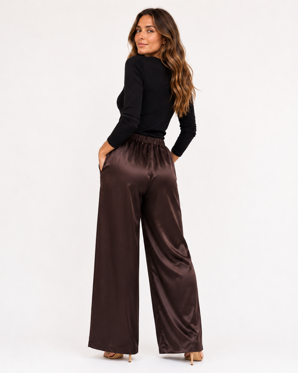Jimena | High Waist Pleated Straight Leg Satin-Look Trousers