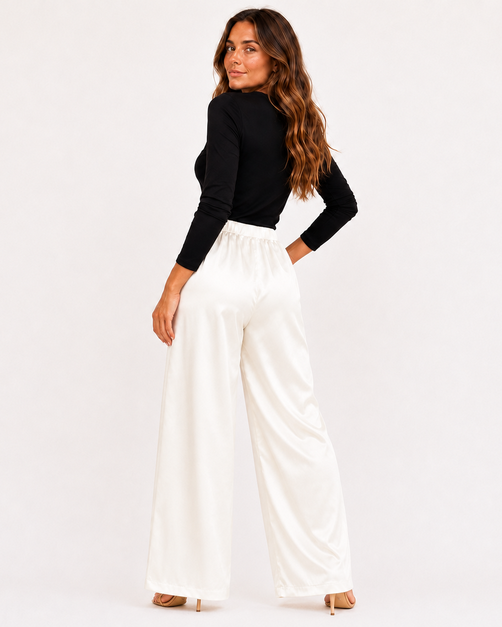 Jimena | High Waist Pleated Straight Leg Satin-Look Trousers