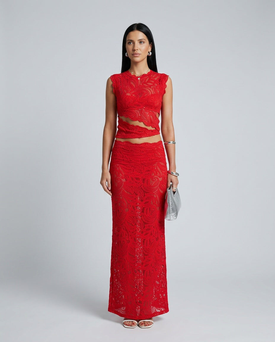 Dahlia | Scalloped Lace Crop Top & Midi Skirt Set