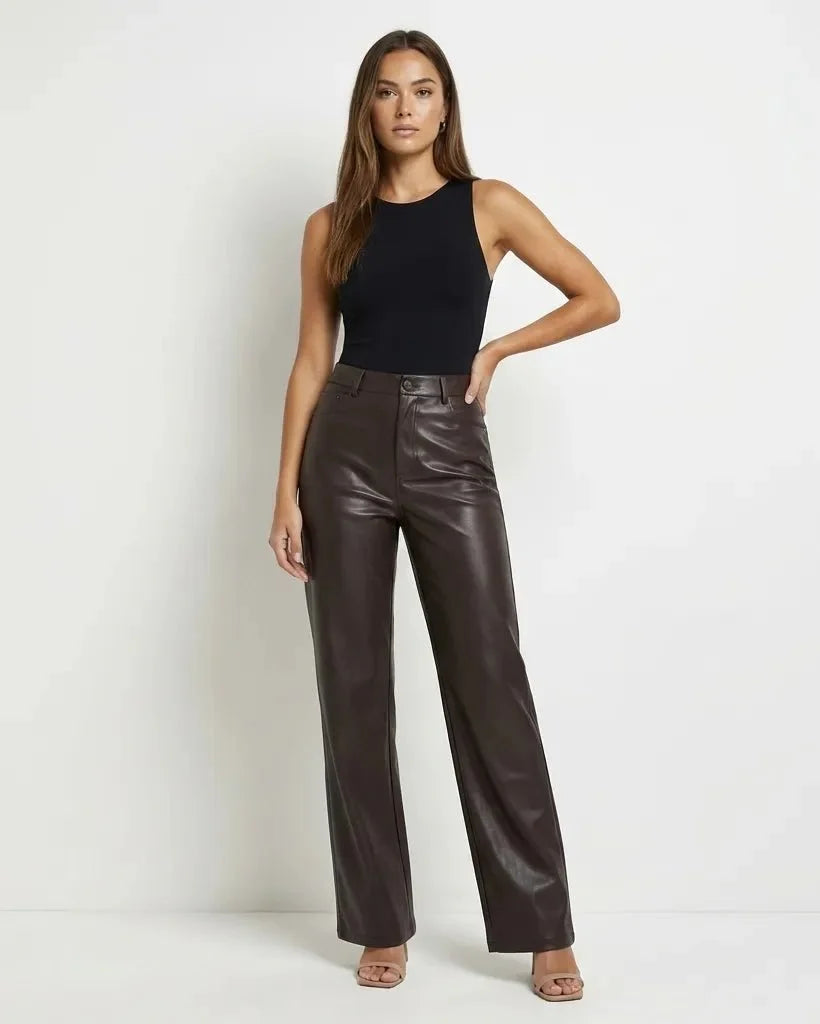 Ava | High Waist Straight Leg Faux Leather Trousers