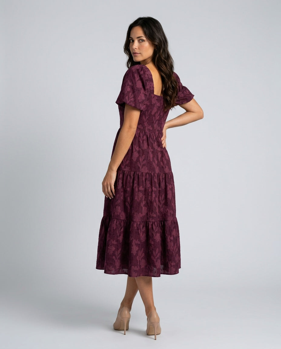Della | Short Sleeve Textured Floral Midi Dress