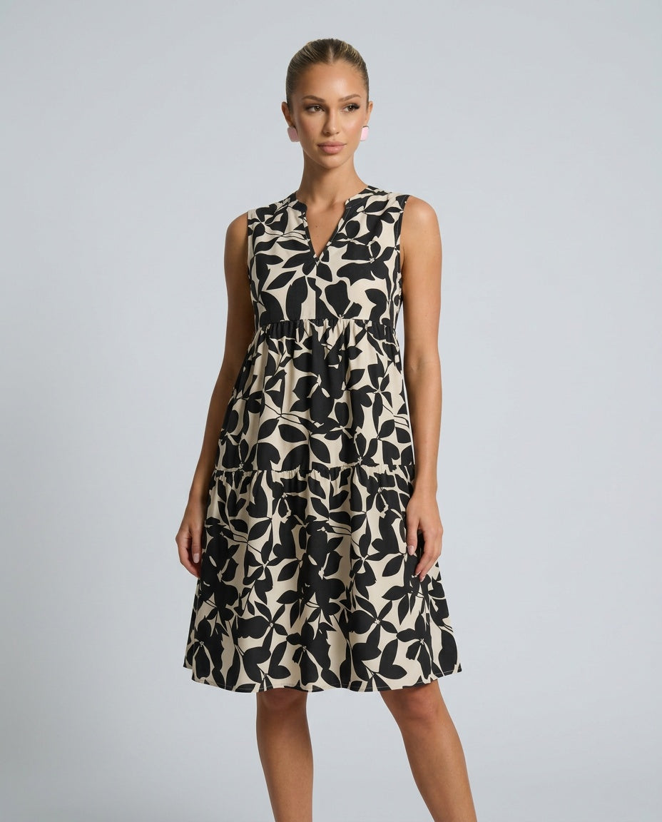Kennedy | Tiered Leaf Print Sleeveless Midi Dress