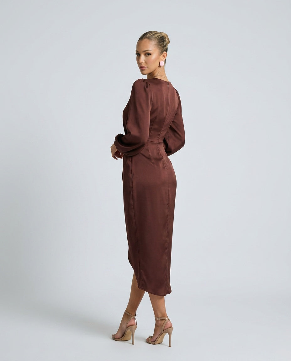 Layla | Twisted Front Puff Sleeve Wrap Midi Dress