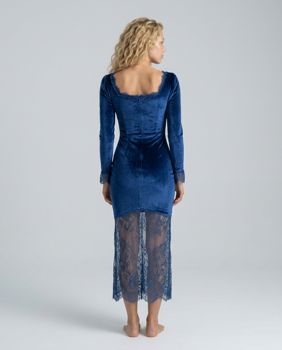 Bertha | Velvet Lace-Trim Long Sleeve Midi Dress