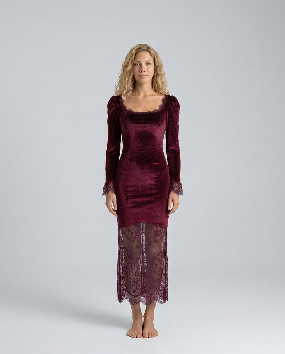 Bertha | Velvet Lace-Trim Long Sleeve Midi Dress