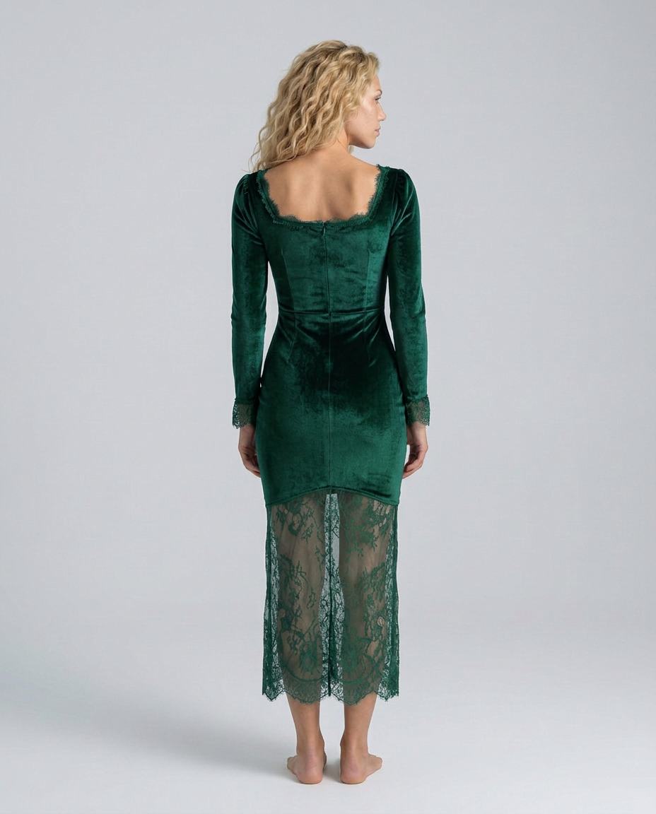 Bertha | Velvet Lace-Trim Long Sleeve Midi Dress