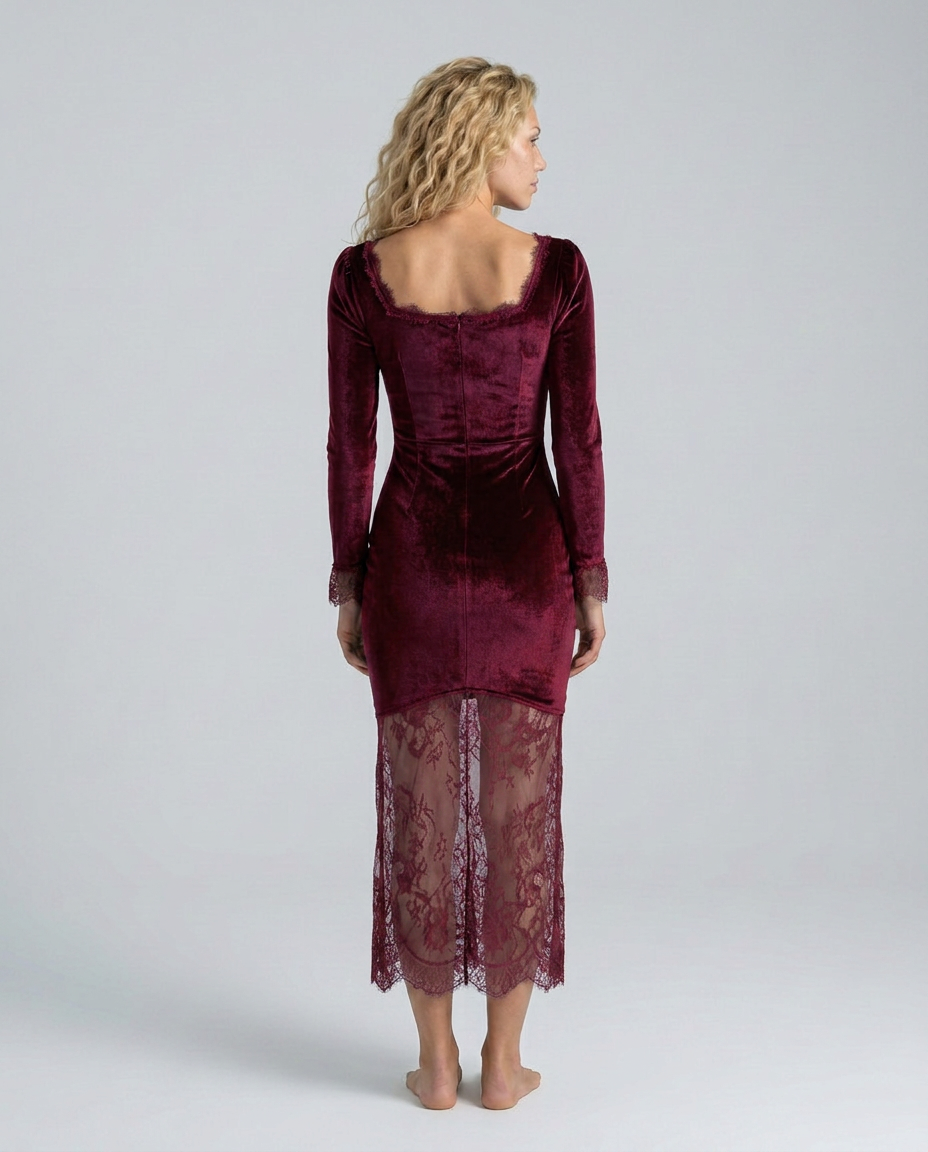 Bertha | Velvet Lace-Trim Long Sleeve Midi Dress