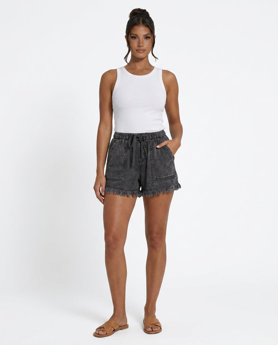 Florencia | Elastic Waist Raw Hem Denim-Look Shorts