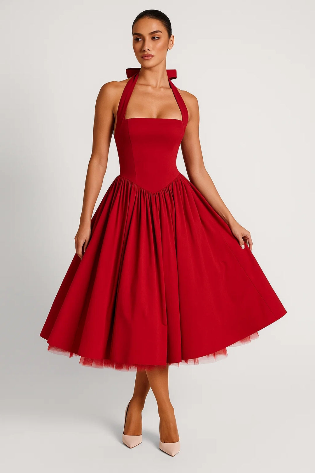 Grace | Halter Neck Pleated Midi Dress