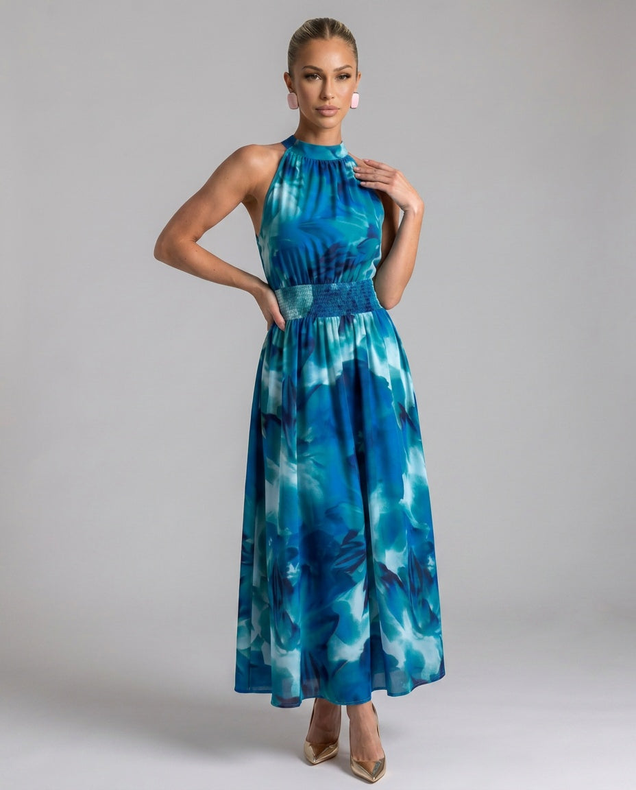 Blair | Gathered Waist Abstract Print Midi Dress