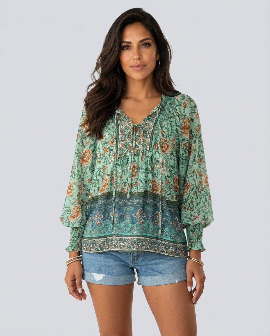 Clara | Floral Print V-Neck Long Sleeve Blouse