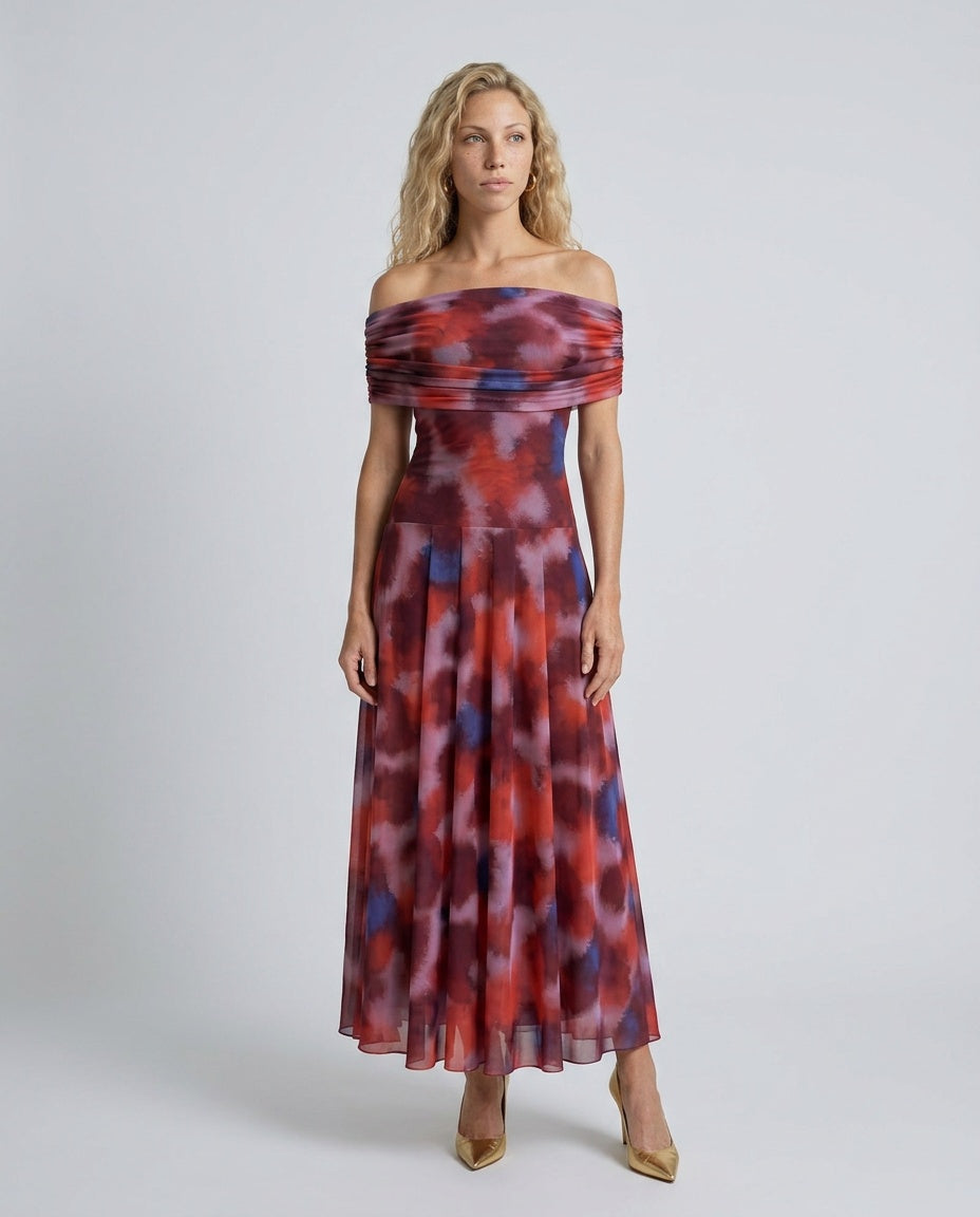 Liv | Off-Shoulder Watercolour Print Flowing Midi Dress