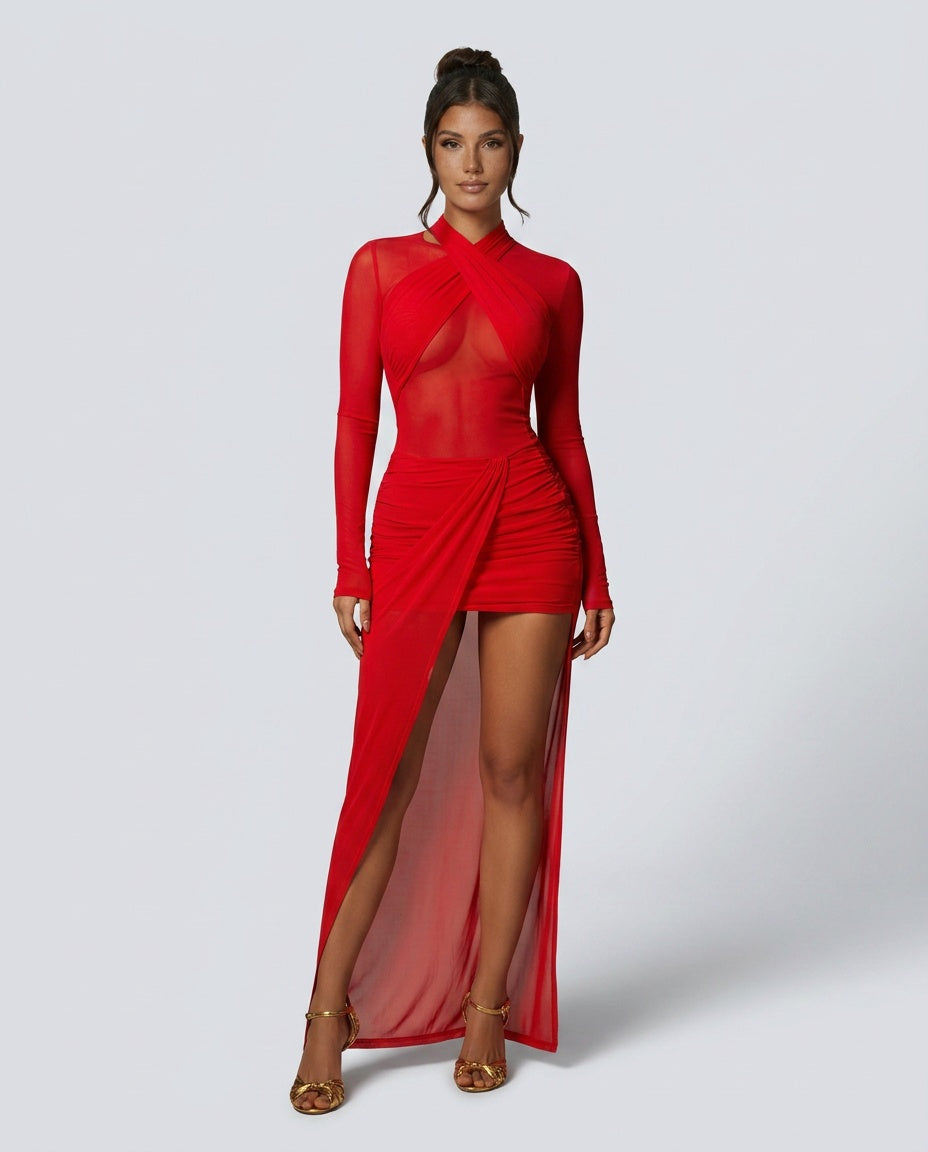 Cypress | Draped Side Split Mesh Maxi Dress