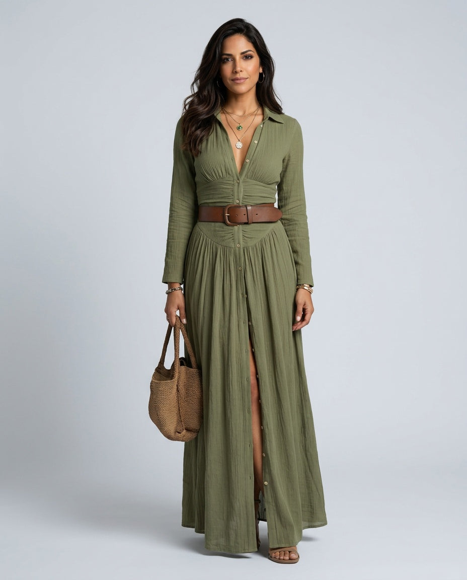 Kennedy | Notched Collar Long Sleeve Maxi Dress