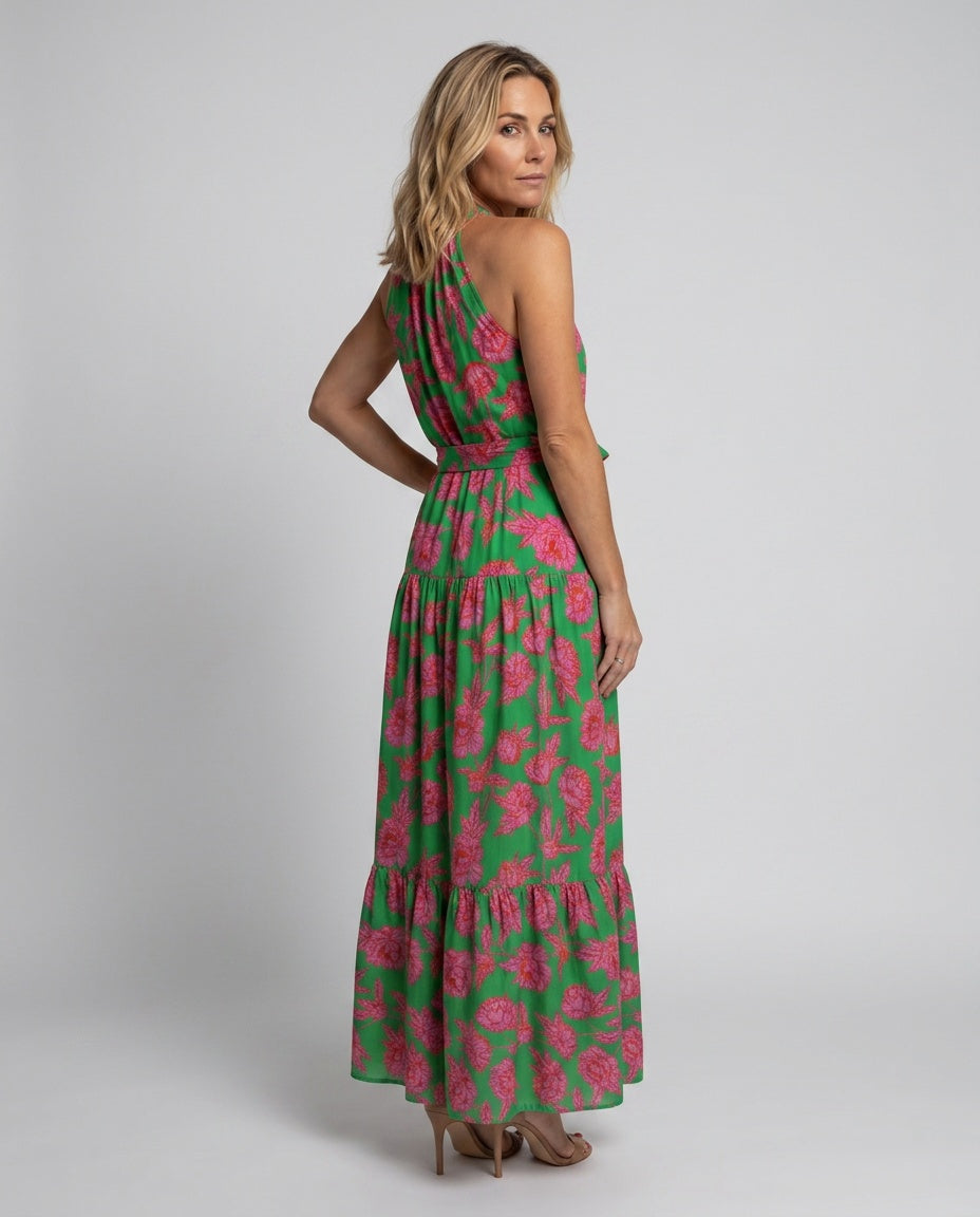 Rowen | Draped Halter Floral Midi Dress