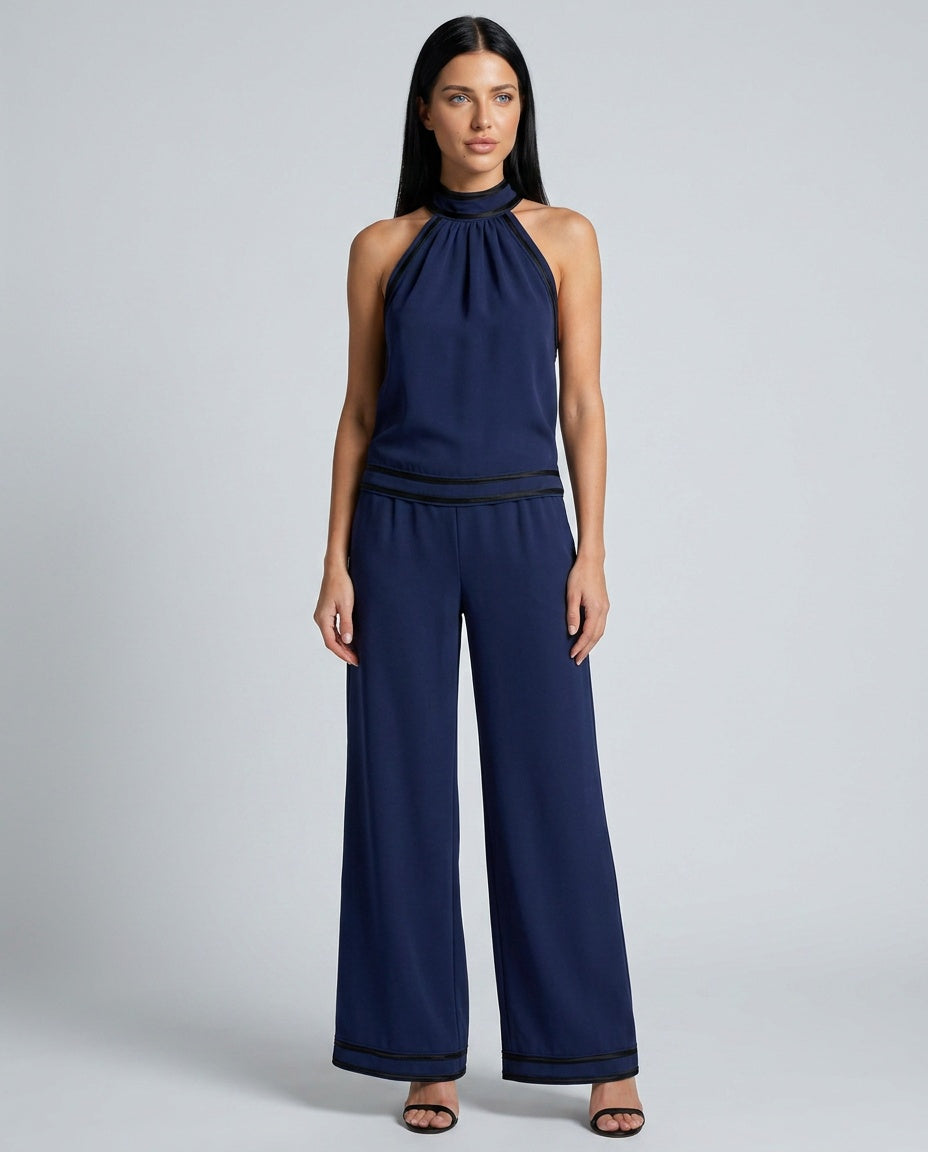 Bianca | Contrast Trim Halter Neck Wide Leg Jumpsuit