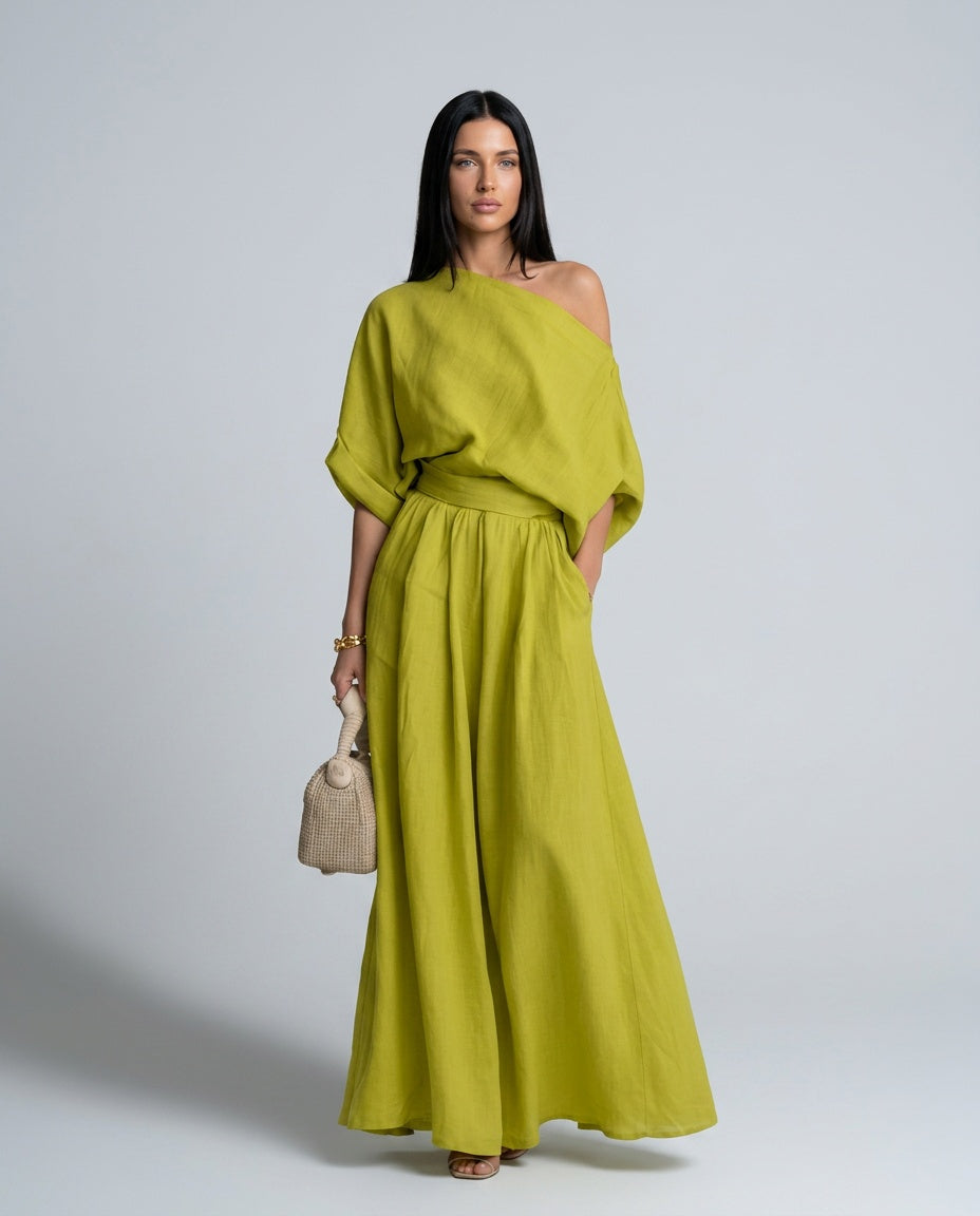 Delaney | One-Shoulder Linen-Blend Co-Ord Maxi Set