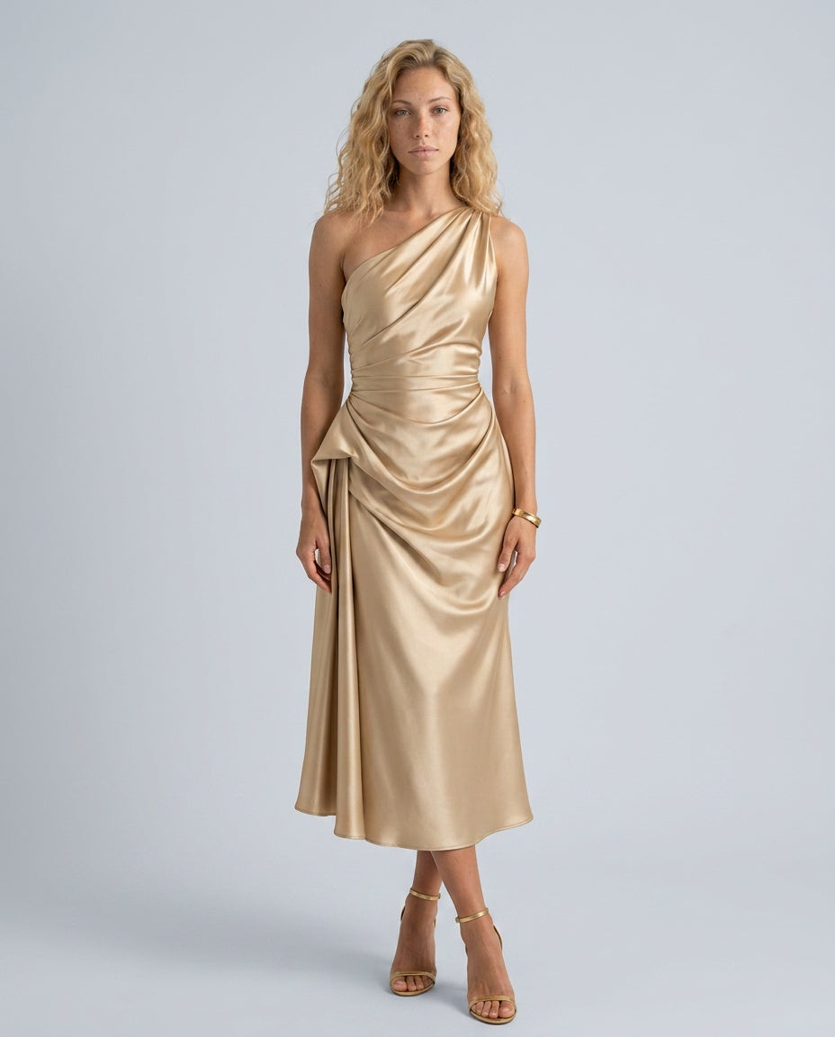 Seraphina | One-Shoulder Draped Satin-Look Midi Dress